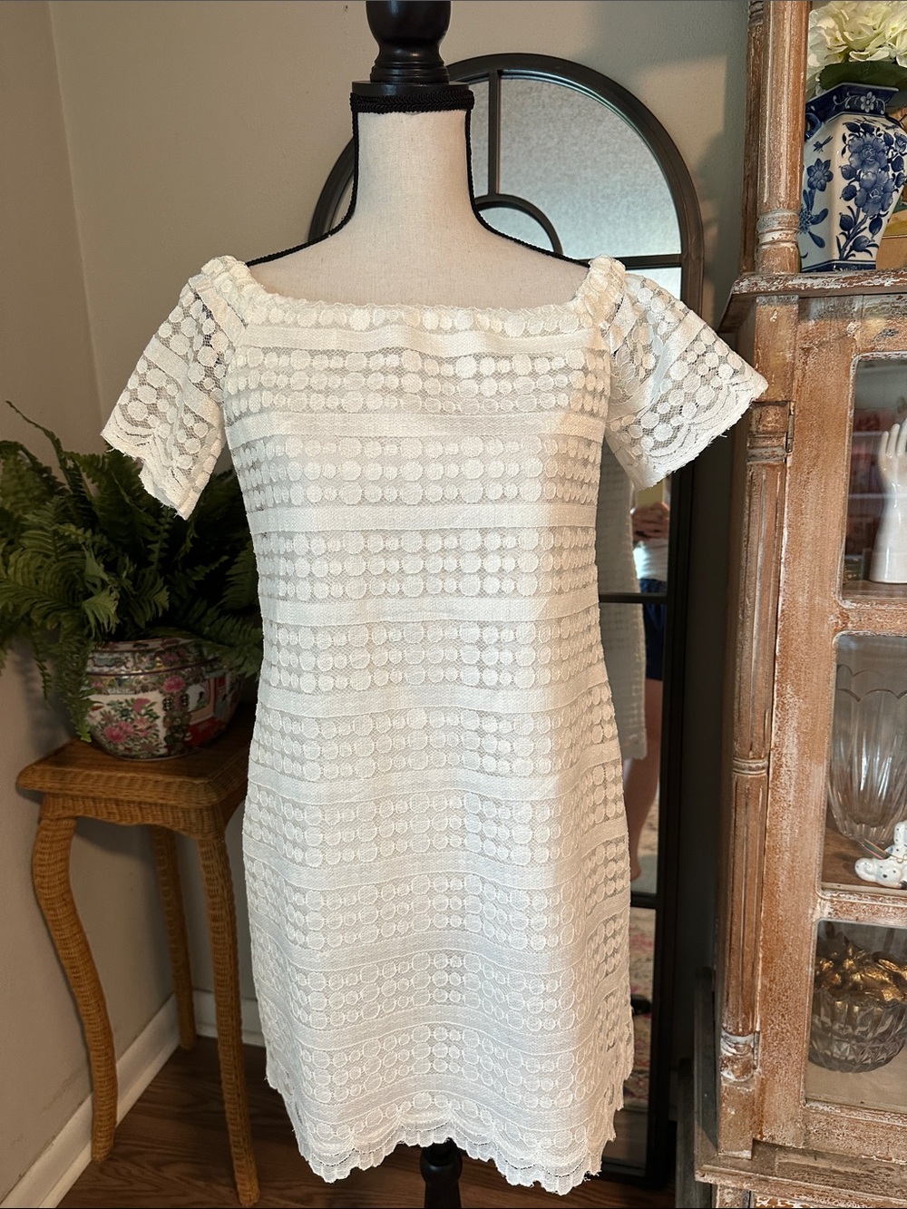 White Eyelet Lace Off-Shoulder Shift Dress